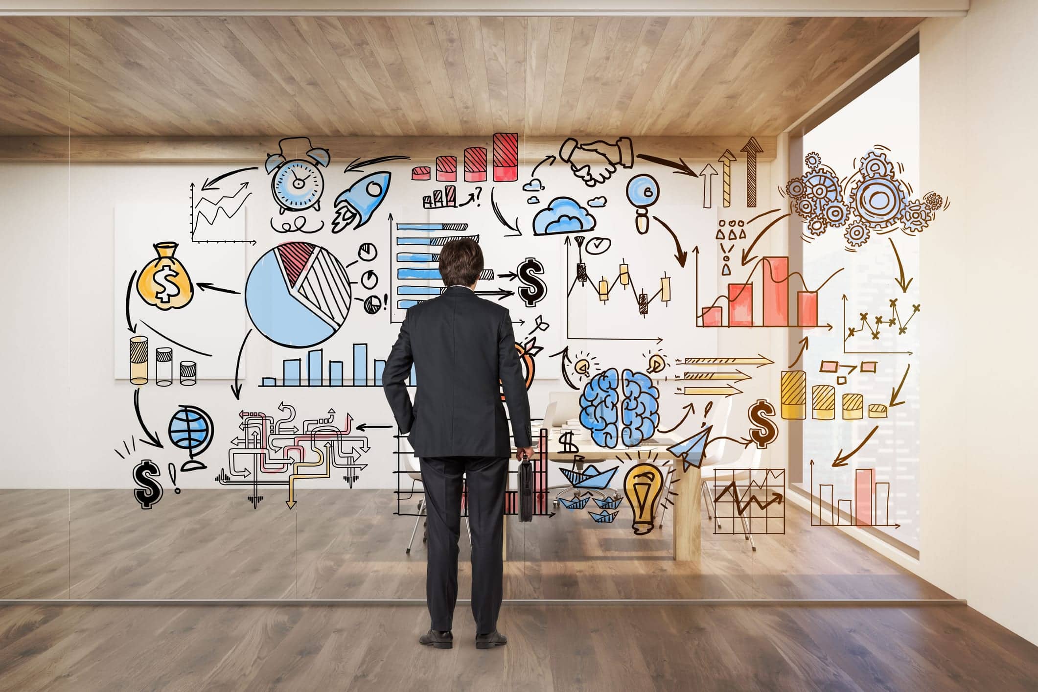 Rear view of businessman with suitcase studying colorful startup sketch on glassboard. Concept of business company. 3d rendering.