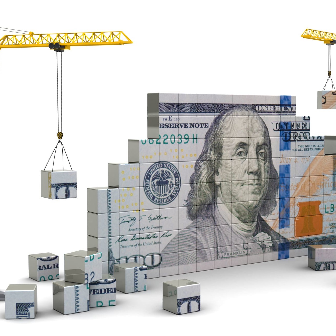 3d illustration of two cranes building 100 dollars