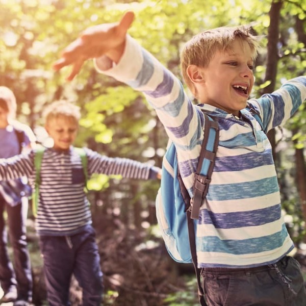 Happy kids hiking in a forest. Children are walking on a faller tree trunk, balancing with arms outstretched.