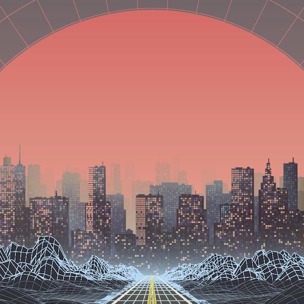 1980s Style retro background with city at sunset. Abstract technology background. Digital Landscape.