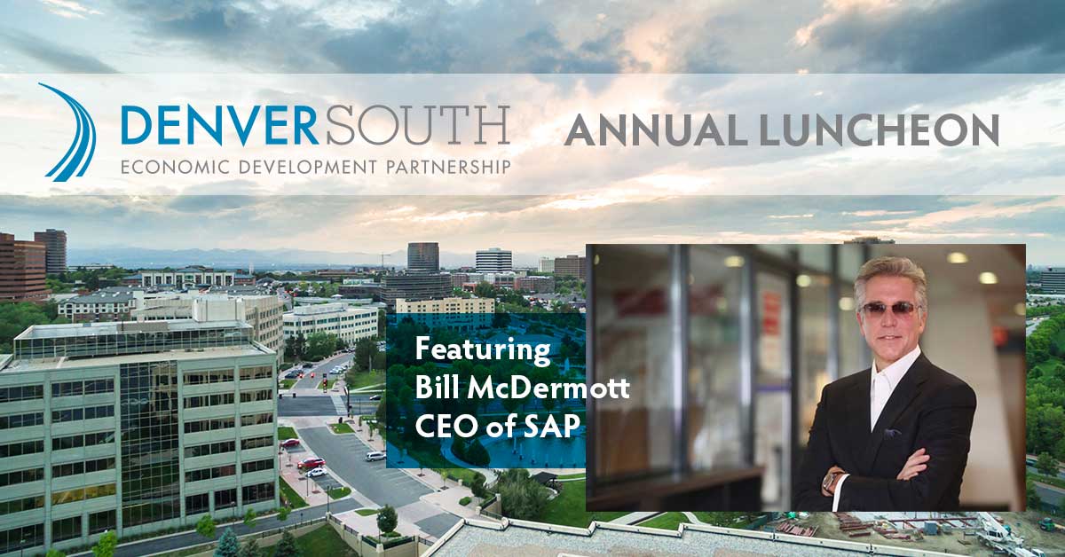 Aerial shot of Denver South with overlay of Bill McDermott, CEO of SAP