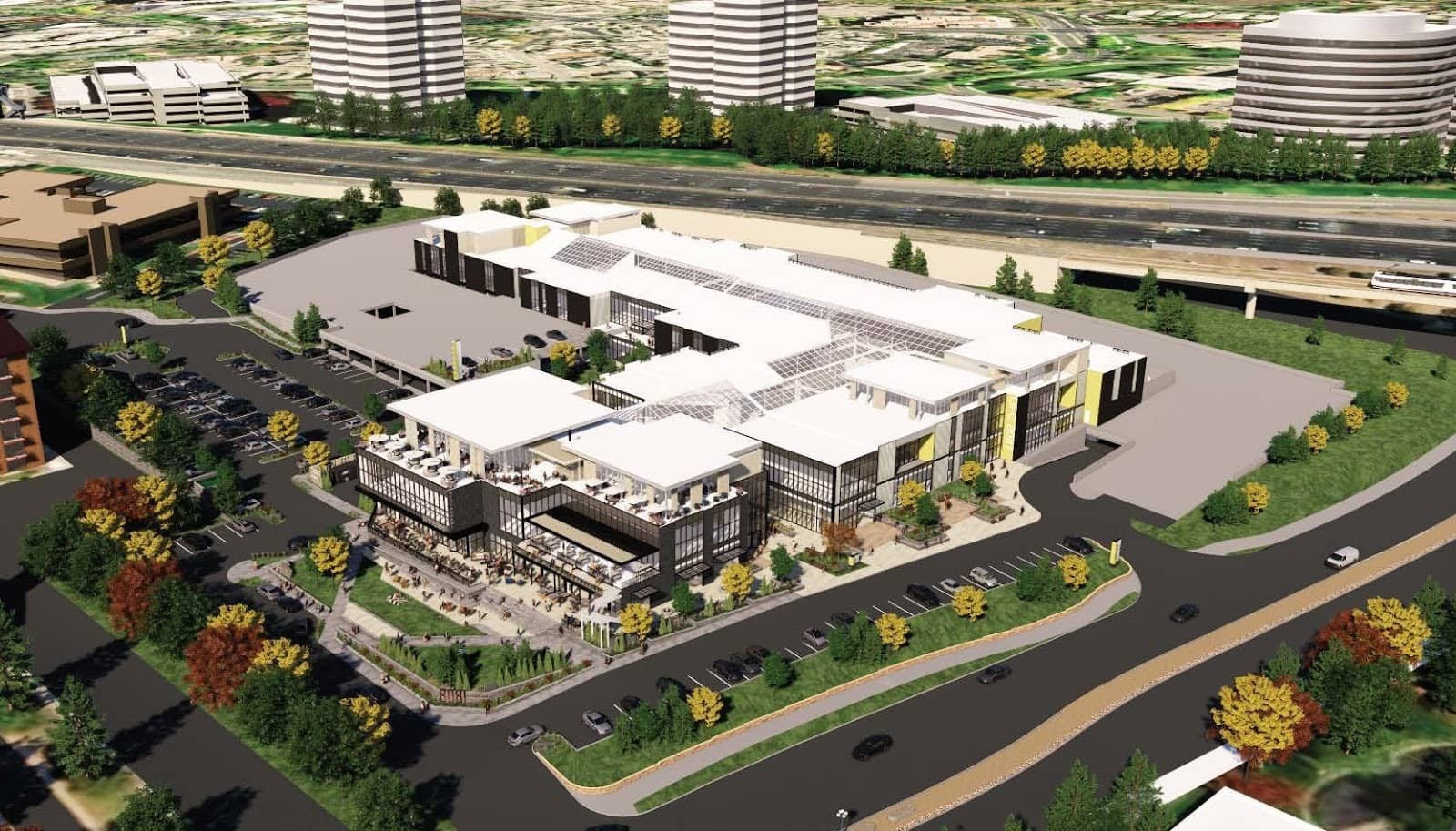 Rendering of new modern business park in South Denver, Colorado with office space and retail space. Credit: Colliers International