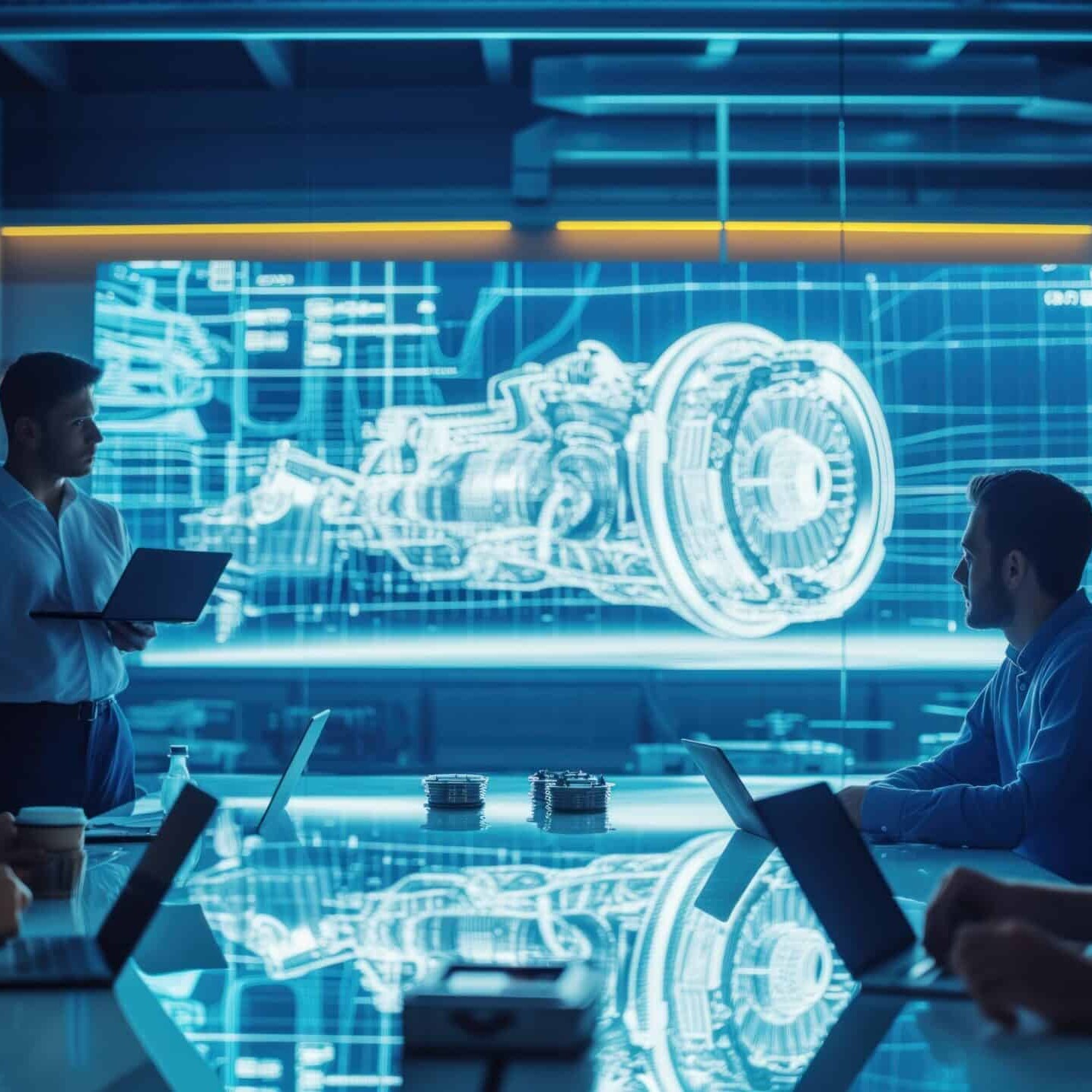 group of professionals in a room where a man stands and presents a digital model of an engine to his colleagues on a large screen.